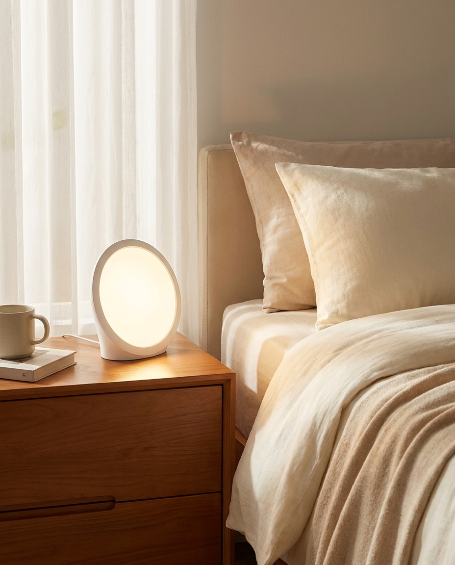 Daylight therapy lamp on a bedroom nightstand