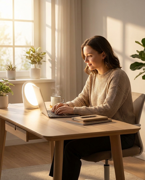 Person working focused at a desk with the daylight lamp on