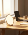 Daylight therapy lamp glowing on a desk in morning light