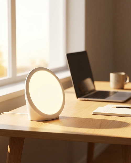 Daylight therapy lamp glowing on a desk in morning light