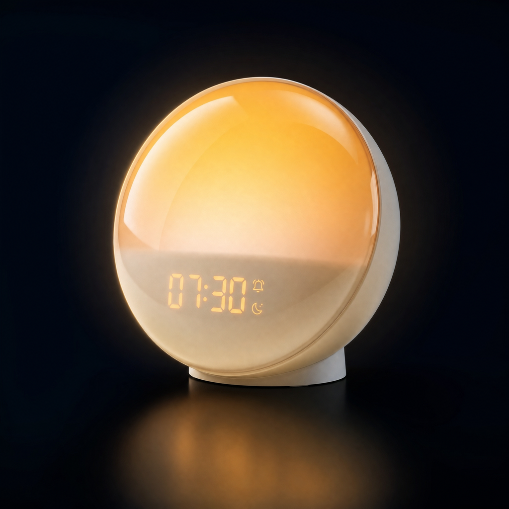 Sunrise wake-up light alarm clock glowing amber against a dark background