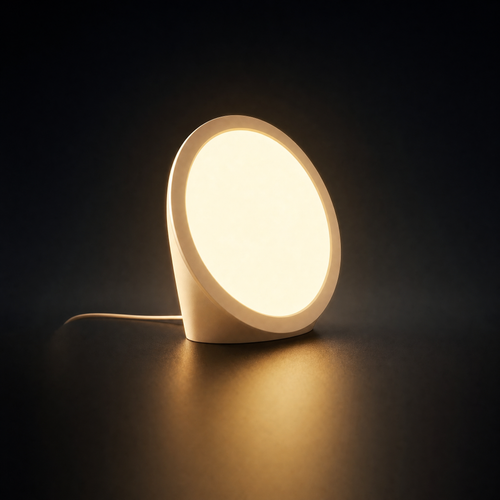 10,000 Lux daylight therapy lamp glowing against a dark background
