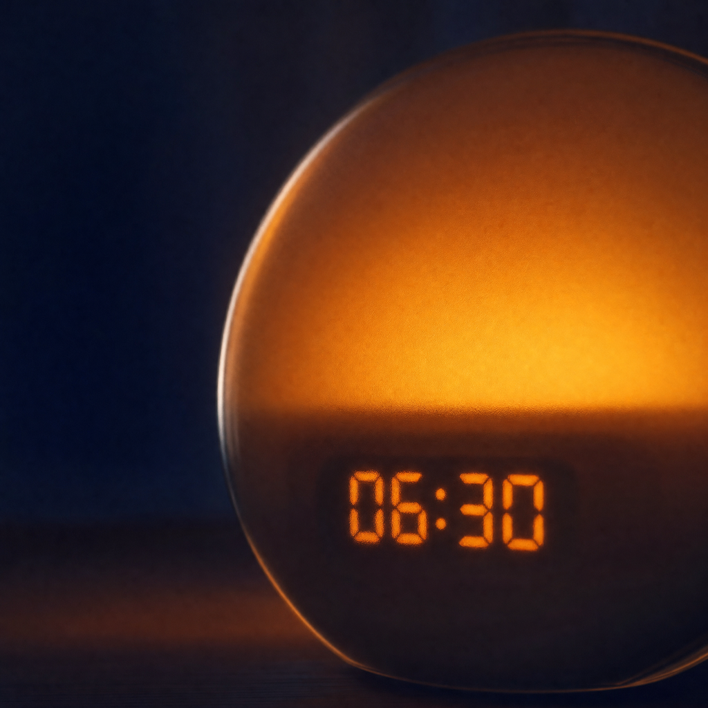 Close-up of the sunrise wake-up light display showing 06:30