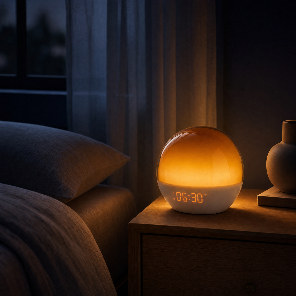 Sunrise wake-up light glowing on a nightstand in a dark bedroom