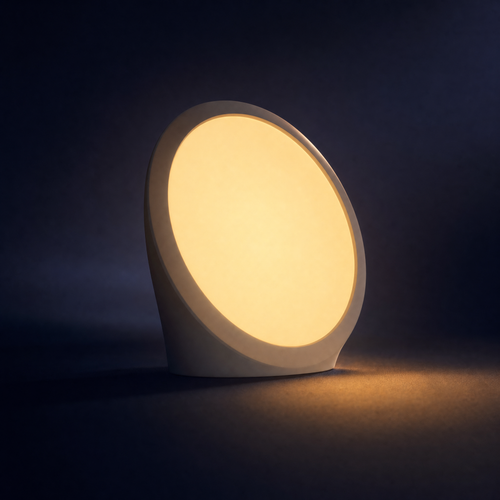 Daylight therapy lamp glowing warmly in a dark studio setting