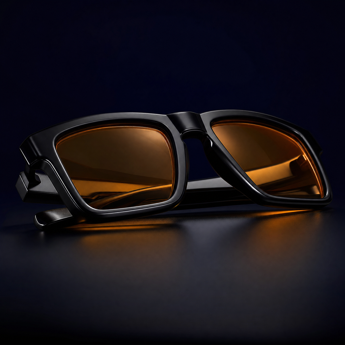 Matte black glasses with warm amber tinted lenses on a dark background