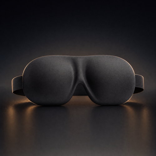Matte black contoured 3D sleep mask on a dark background with warm rim lighting