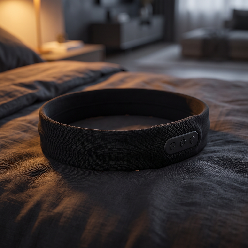 Sleen sleep headphones headband on dark linen in warm lamplight