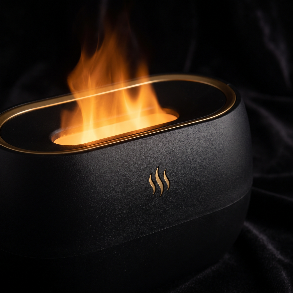 Close detail of the flame effect and gold emblem on the Sleen diffuser
