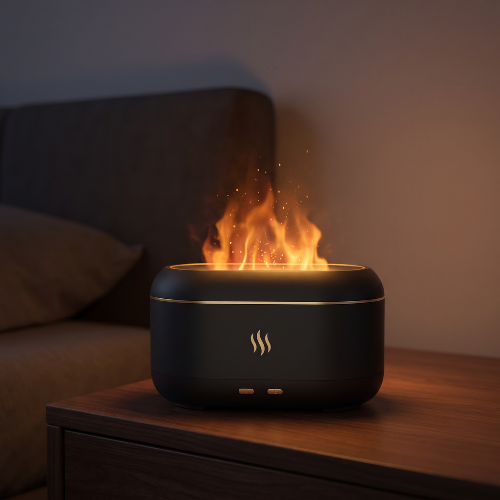 Sleen flame diffuser with orange flame effect on a walnut bedside table